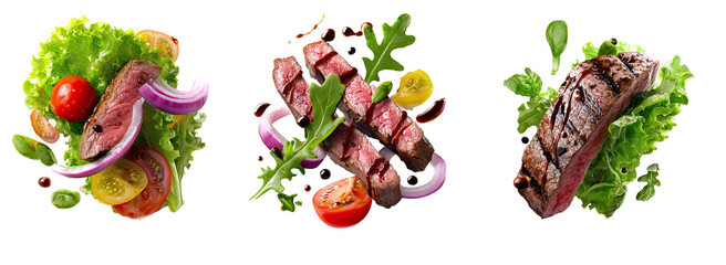 Grilled steak with fresh greens and vegetables, presented in three arrangements