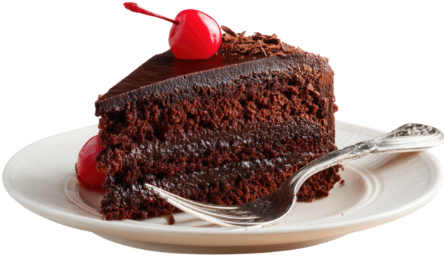 Decadent slice of triple-layer chocolate cake topped with cherries