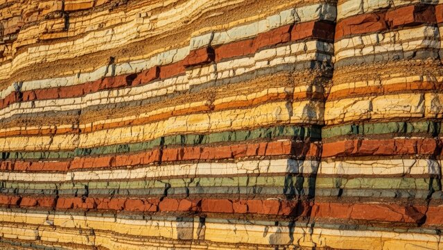 Layered rock formation displaying distinct bands of color and texture forming a geological wall