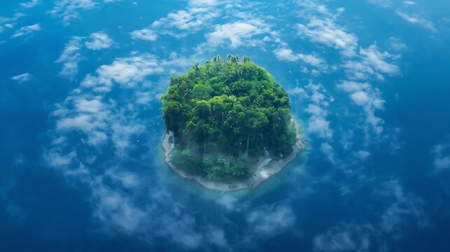 Fantasy floating island covered in moss and trees in the sky