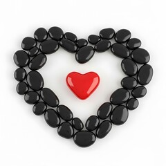 Obraz premium Red heart shape surrounded by black pebbles on white background love symbol