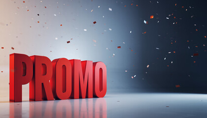 Vibrant 3D 'PROMO' typography in bold red, illuminated on a reflective surface with a shower of festive falling confetti, perfect for sales and special offers
