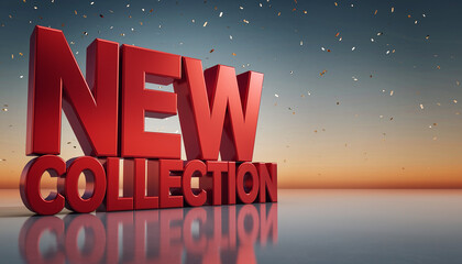 Bold red 3D text announcing a new collection on a reflective floor with a sunset background and falling confetti