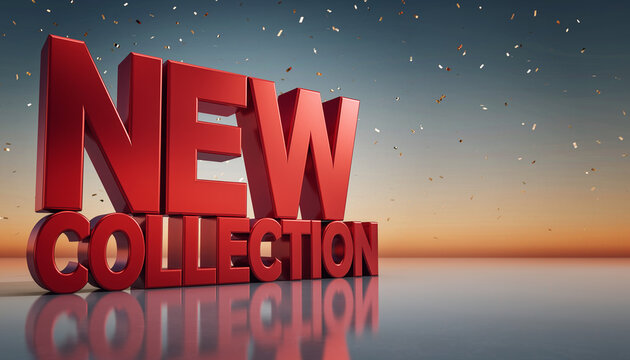 Bold red 3D text announcing a new collection on a reflective floor with a sunset background and falling confetti