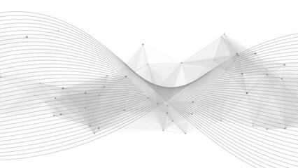 Abstract Dynamic White Tech Background with Grey Wireframe Wave with Polygonal Mesh. Futuristic Data Flow, Neural Network Concept, & 3D Geometry for Business Presentations. © Sanatçi