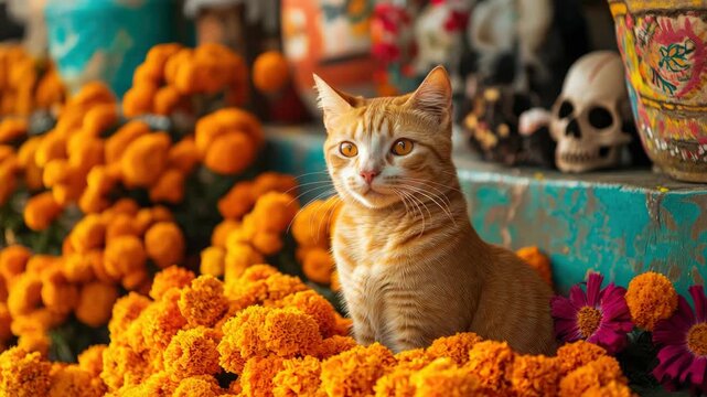 Orange tabby cat among bright marigold flowers and decorative objects