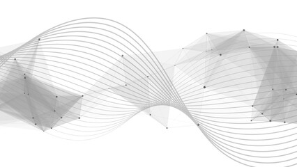 Abstract Dynamic White Tech Background with Grey Wireframe Wave with Polygonal Mesh. Futuristic Data Flow, Neural Network Concept, & 3D Geometry for Business Presentations. © Sanatçi