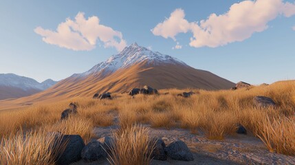 A majestic snow-capped mountain peak rises against a clear blue sky, with a rugged terrain and dry grass below.