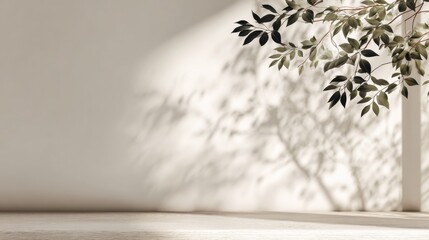 In a well lit indoor setting a leafy plant stands beside a wall casting intricate shadows on the floor and the surface behind it highlighting natural beauty.
