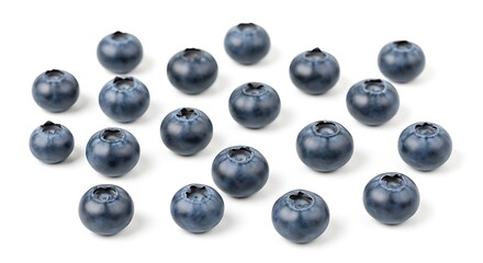 Fresh ripe blueberries scattered, healthy superfood fruit isolated on white.