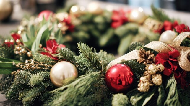 A beautifully arranged holiday wreath showcases vibrant decorations including red ornaments gold accents and green foliage. The festive decor adds warmth to the winter atmosphere. - Powered by Adobe