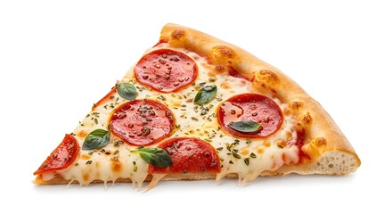 Classic pepperoni pizza slice, rich melted mozzarella, fresh basil, herbs.