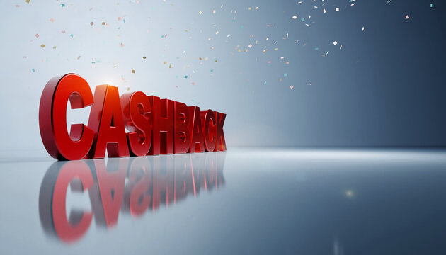 Vibrant 3D rendering of 'CASHBACK' text in bold red, reflecting on a polished, glossy surface, symbolizing financial rewards, promotional offers, and saving opportunities for consumers