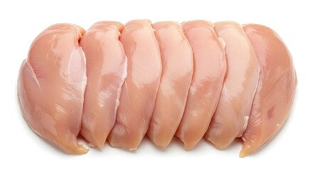 Fresh raw boneless skinless chicken breasts for cooking on white background.