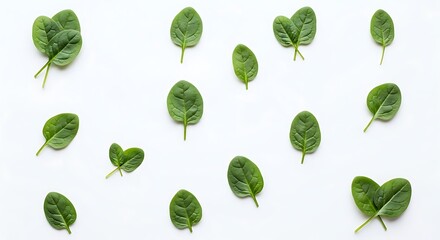 Fresh green spinach leaves scattered on clean white backdrop, healthy diet food.