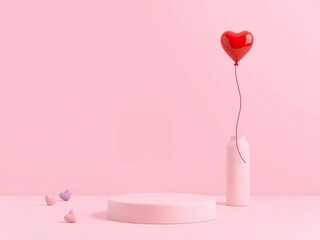 Minimalist pink studio with a red heart balloon and podium
