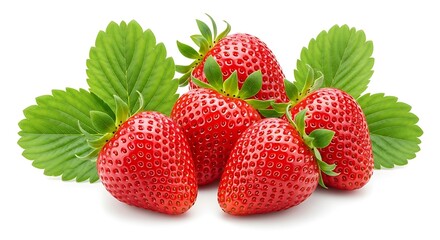 Fresh, ripe strawberries with green leaves, vibrant and juicy, isolated on white.