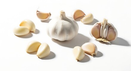 Whole garlic bulb, peeled and unpeeled cloves on a bright white backdrop.