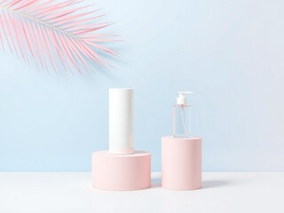 Soft pink lip gloss with feather accent on pastel background