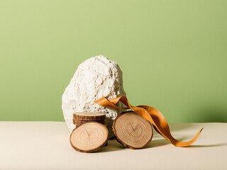 Abstract textured sculpture with natural elements and a green background