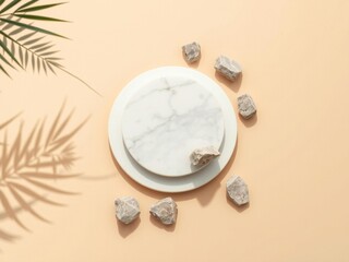 Minimalist scene with white marble podium and natural stones and palm leaf shadows