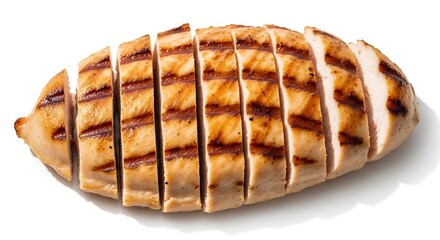 Grilled chicken breast, sliced, showing appetizing grill marks, isolated.