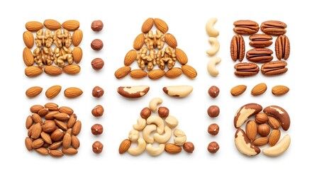 Artful arrangement of various raw nuts: almonds, walnuts, cashews, pecans.