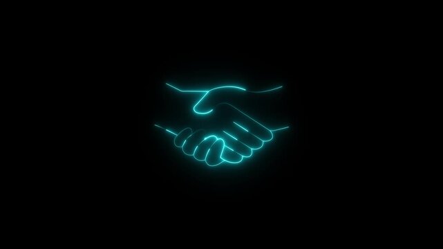 A neon sign of two hands shaking. The sign is blue . of the sign is that it represents a handshake, which is a symbol of agreement or partnership. Motion graphics of neon glow partnership symbol