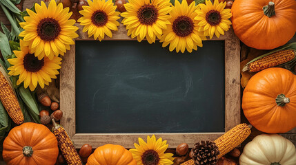 Blank Blackboard Framed with Autumn Harvest Decorations, Sunflowers, Pumpkins, Corn and Seasonal Thanksgiving Background