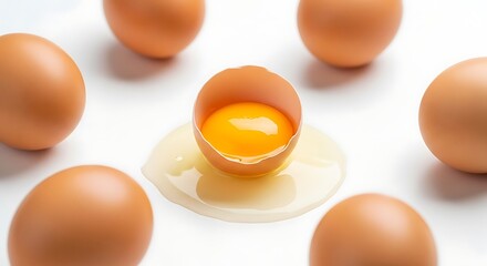 Fresh farm brown chicken egg cracked open with vibrant yolk and clear white.
