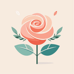 Stylized Rose Flower Illustration in Shades of Peach and Teal With Subtle Leaf Accents on a Light Peach Background