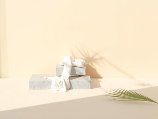 Minimalist still life with soft shadows and a single palm leaf
