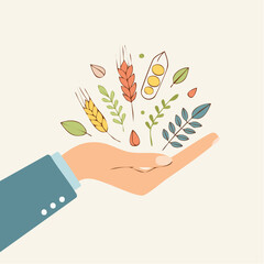 Hand Holding Assorted Grains and Leaves Against a Light Background Representing Healthy Food Options and Agricultural Abundance