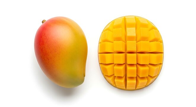 Fresh ripe mango and a half with diced flesh, tropical fruit on white.