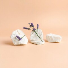 Three white stones with lavender sprigs on a soft peach background