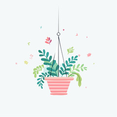 Pink Striped Hanging Planter Filled With Lush Green Foliage Against A White Background With Scattered Pink And Blue Accents