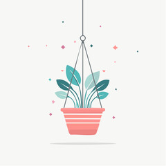 Delicate Pink Hanging Planter with Teal Leaves and Subtle Colorful Confetti on a White Background