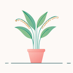 Green Plant with Bell Shaped Flowers in a Coral Pot with Subtle Line Art Background
