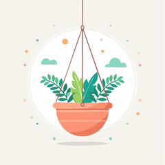 Hanging Terracotta Pot Filled With Lush Greenery And Fronds Set Against A Light Beige Circular Frame With Small Cloud And Sun Graphics