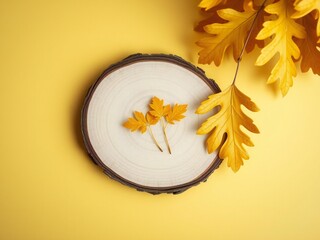 Autumn leaves and a wooden slice on a yellow background