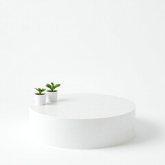 Minimalist white podium with small potted plants on a clean white background