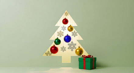Celebrate a stylish Christmas with this modern tree design and colorful ornament accents, perfect for holiday promotions and festive marketing materials, conveying warmth and cheer