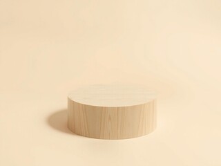 Minimalist light wood cylinder pedestal on a soft beige background