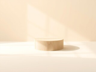 Minimalist beige podium with soft shadows and warm light