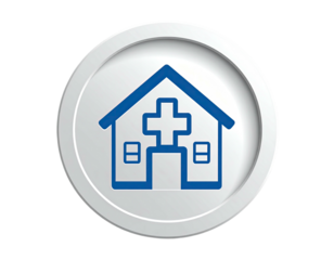 Blue clinic icon in a white circle, building with cross