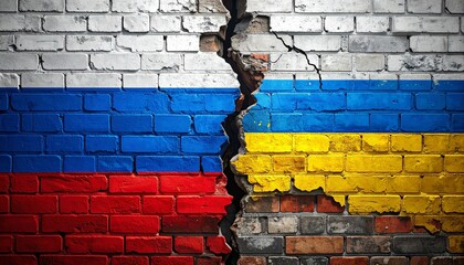 Cracked wall painted with Ukraine and Russia flags, symbolizing geopolitical division.