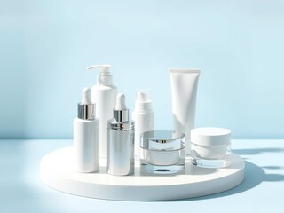 Collection of white skincare products arranged on a white pedestal against a light blue background