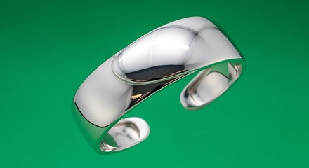 Shiny silver bangle bracelet isolated on green background