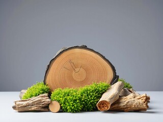 Natural wood slice and green moss arrangement with twigs