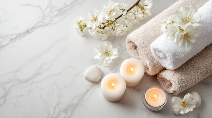 Soft towels in neutral colors rest on a polished marble surface alongside lit candles and delicate flowers. This serene arrangement creates a calming atmosphere for relaxation and self care.